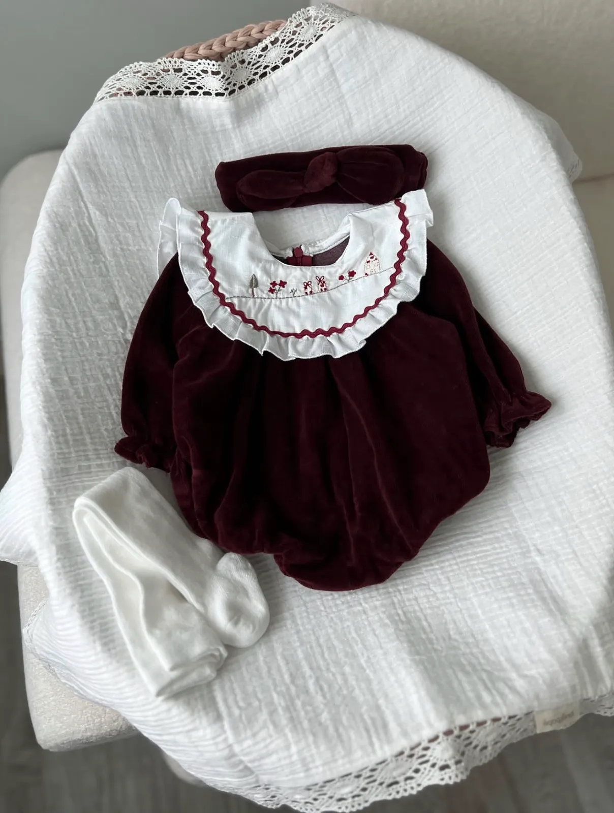 Embroidered velvet romper
