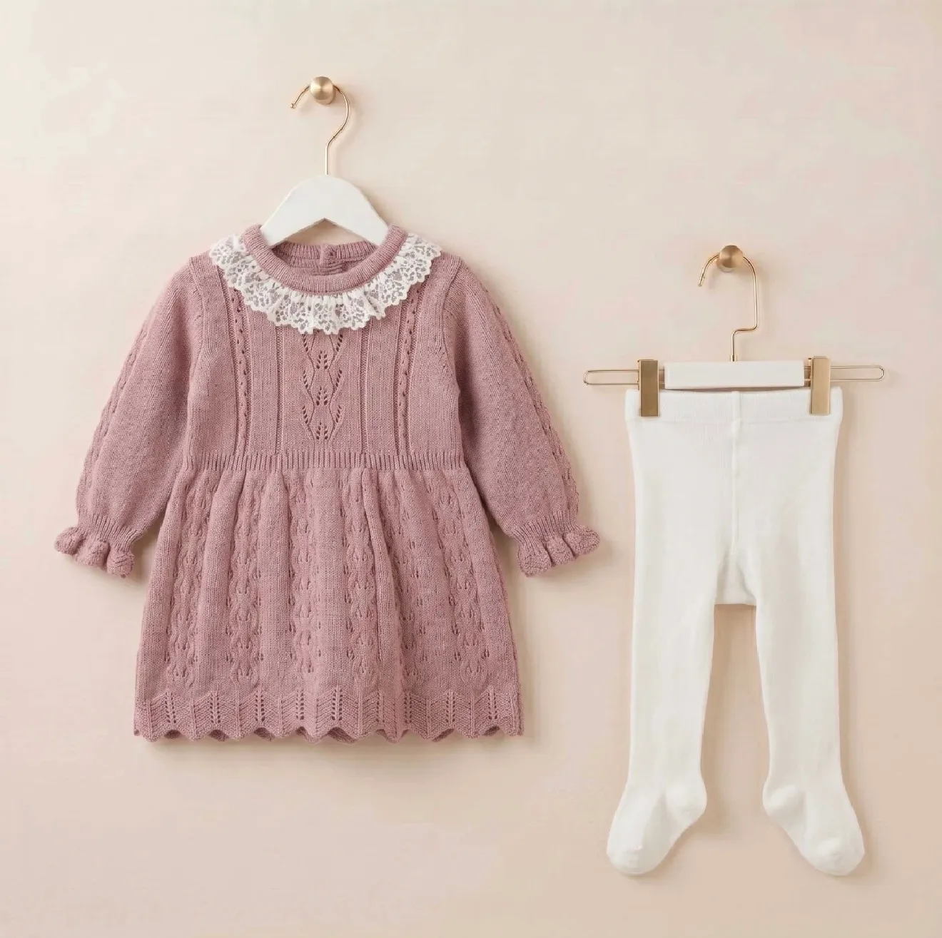 Pink wool dress - ivory