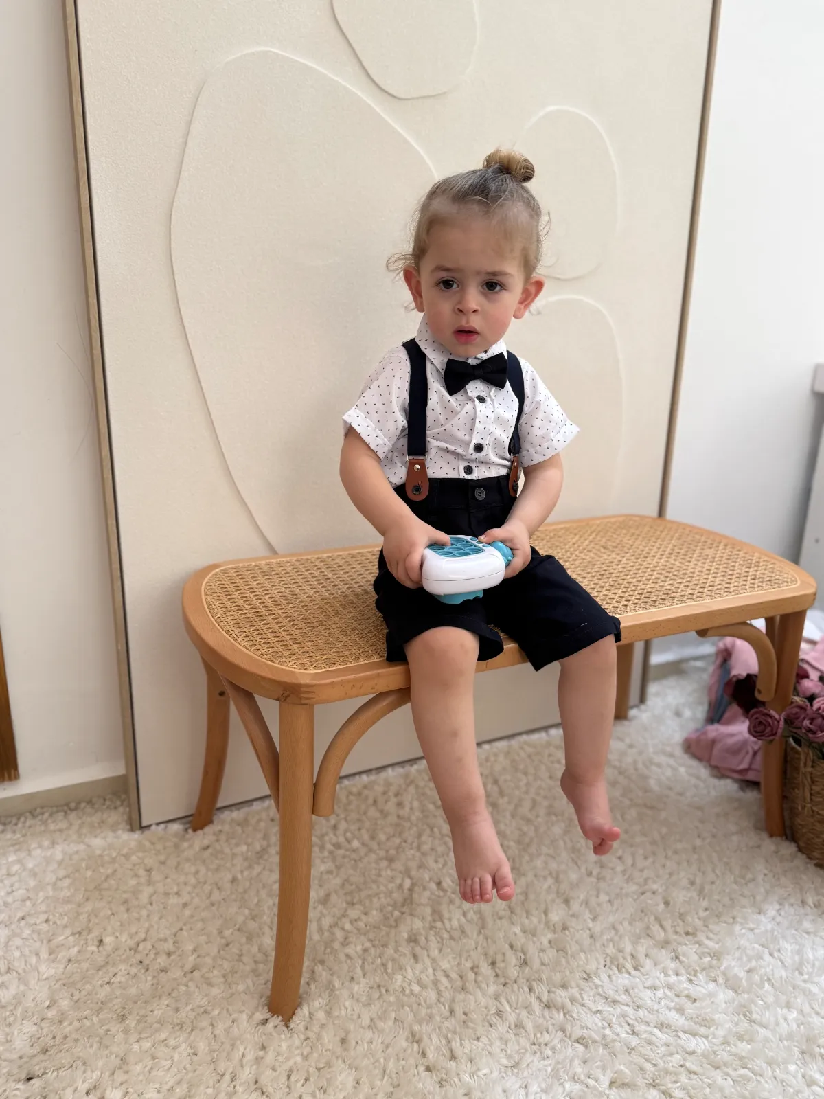 Overalls with polka dot shirt